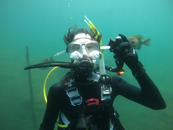 Jared Flyaway Uncontrollable Hair Scuba Jared with his hair creping out of a scuba hood