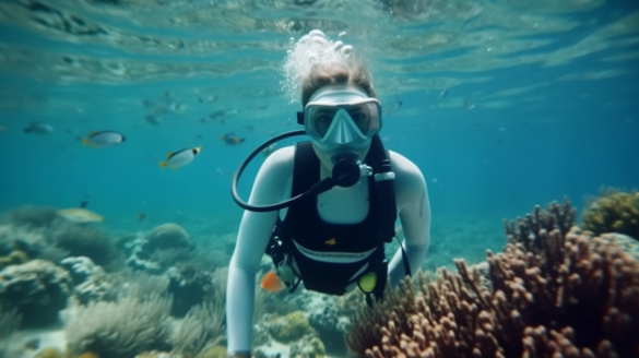 female scuba diver by a coral garden female scuba diver by a coral garden