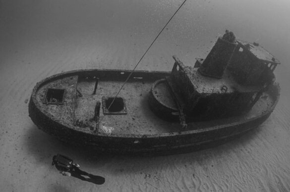 Grayscale Photo of a Shipwreck Under Water Grayscale Photo of a Shipwreck Under Water